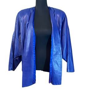 Vintage 80s Genuine Leather Jacket electric Blue open front statement large USA